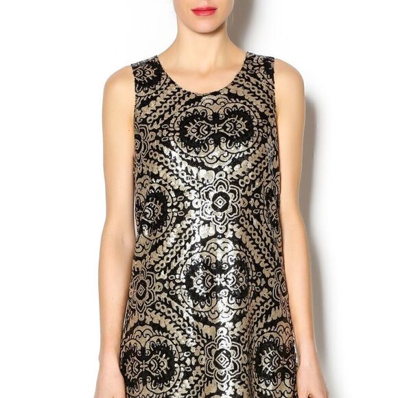 Vintage Honey Punch Gold Black Sequins Dress M - Picture 1 of 6